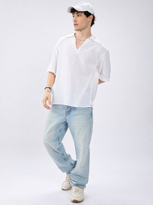 White Artisan Loop Weave Crochet Oversized Polo shirt