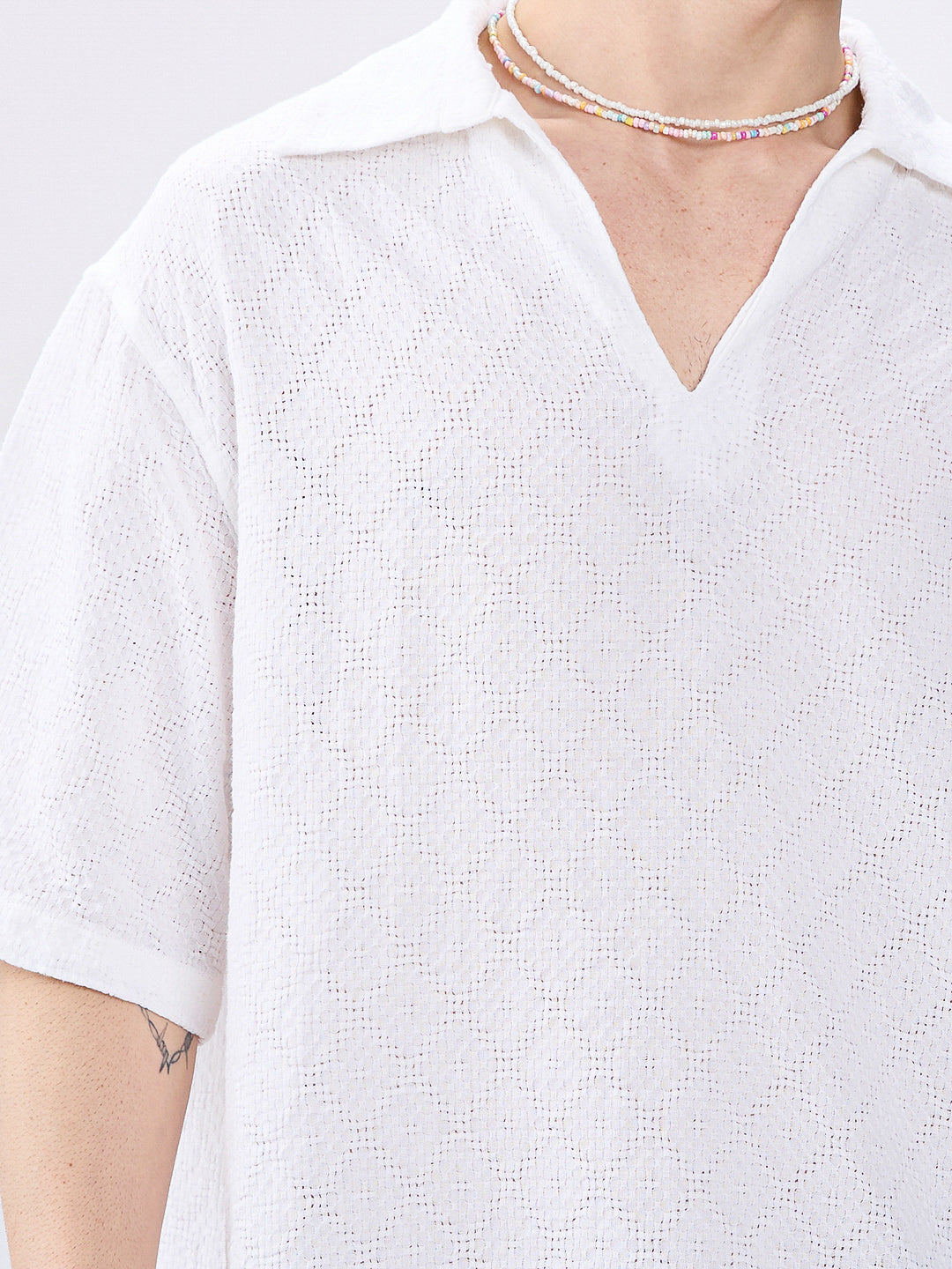 White Artisan Loop Weave Crochet Oversized Polo shirt