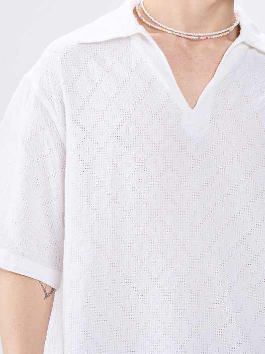 White Artisan Loop Weave Crochet Oversized Polo shirt