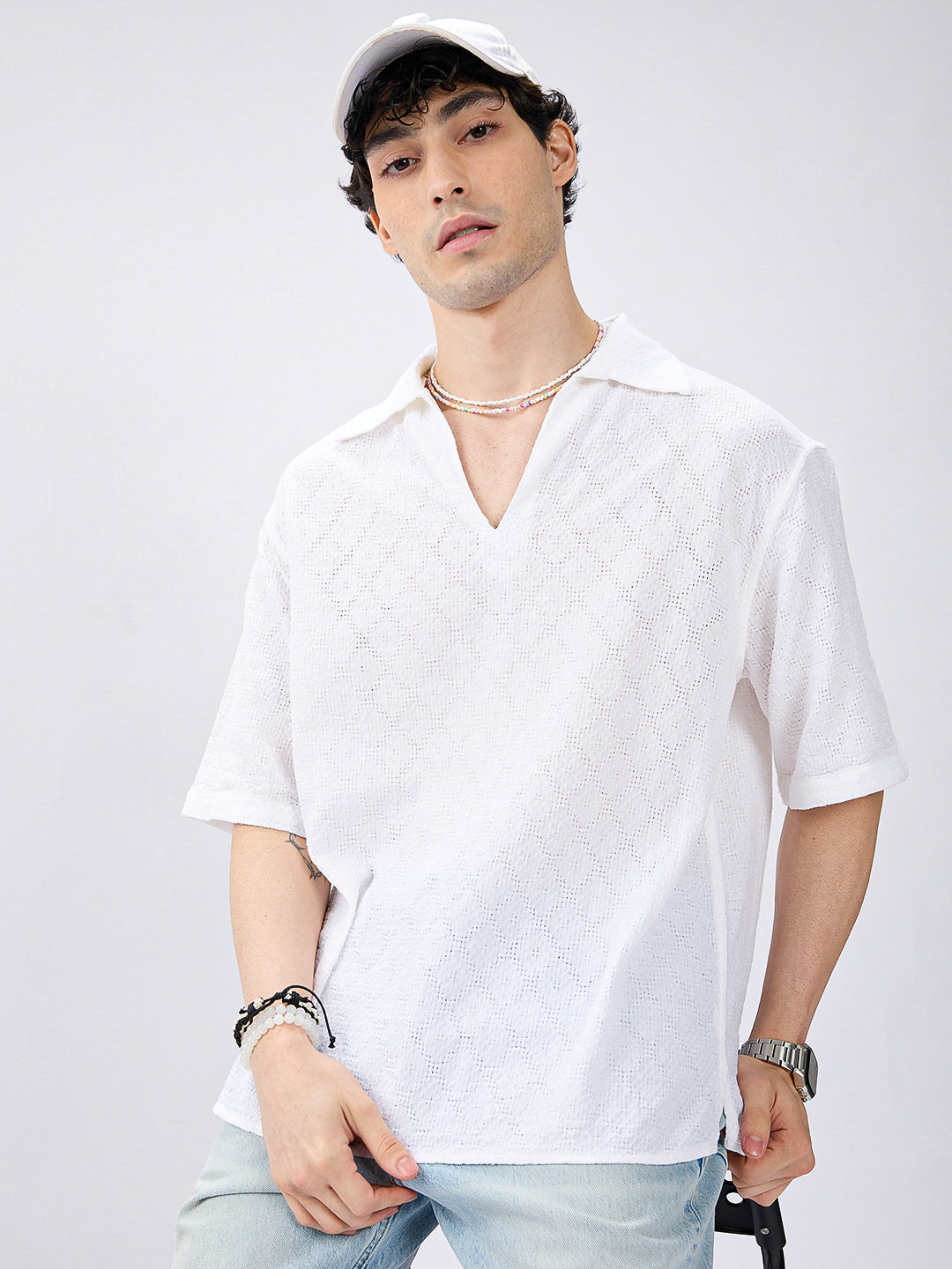 White Artisan Loop Weave Crochet Oversized Polo shirt