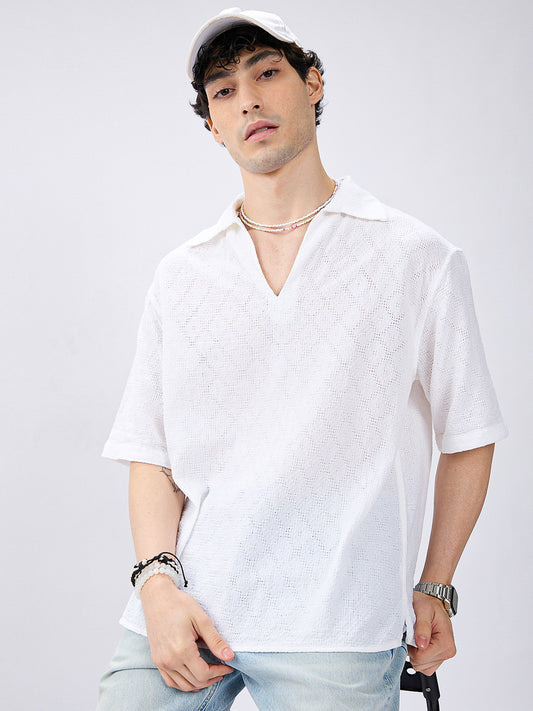 White Artisan Loop Weave Crochet Oversized Polo shirt