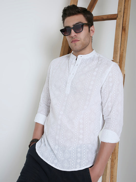 Snow White Floral Embroidered Kurta