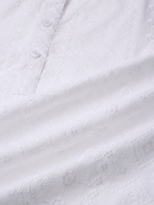 Snow White Floral Embroidered Kurta