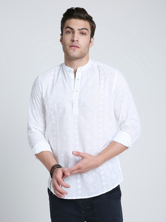Snow White Floral Embroidered Kurta