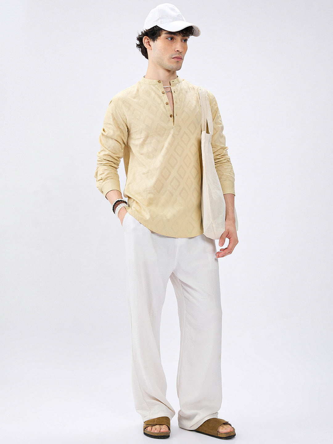 Soft Pale Yellow Diamond Woven Jacquard Kurta
