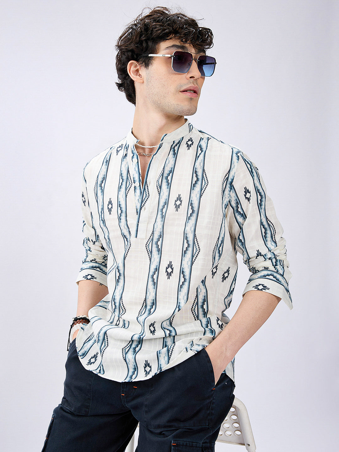 Icy Blue Chevron Flow Printed Kurta