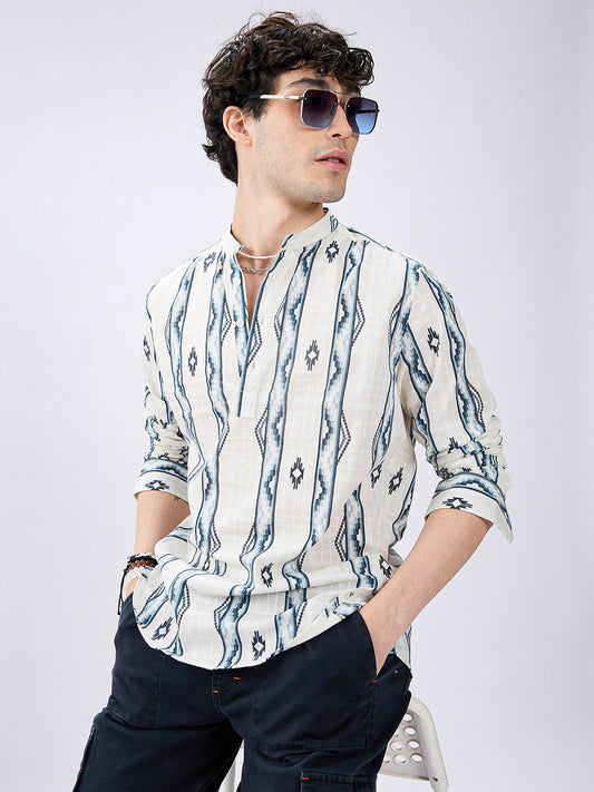 Icy Blue Chevron Flow Printed Kurta