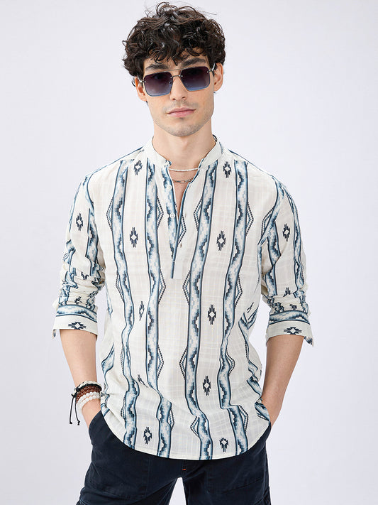 Icy Blue Chevron Flow Printed Kurta