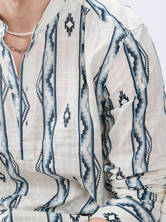 Icy Blue Chevron Flow Printed Kurta
