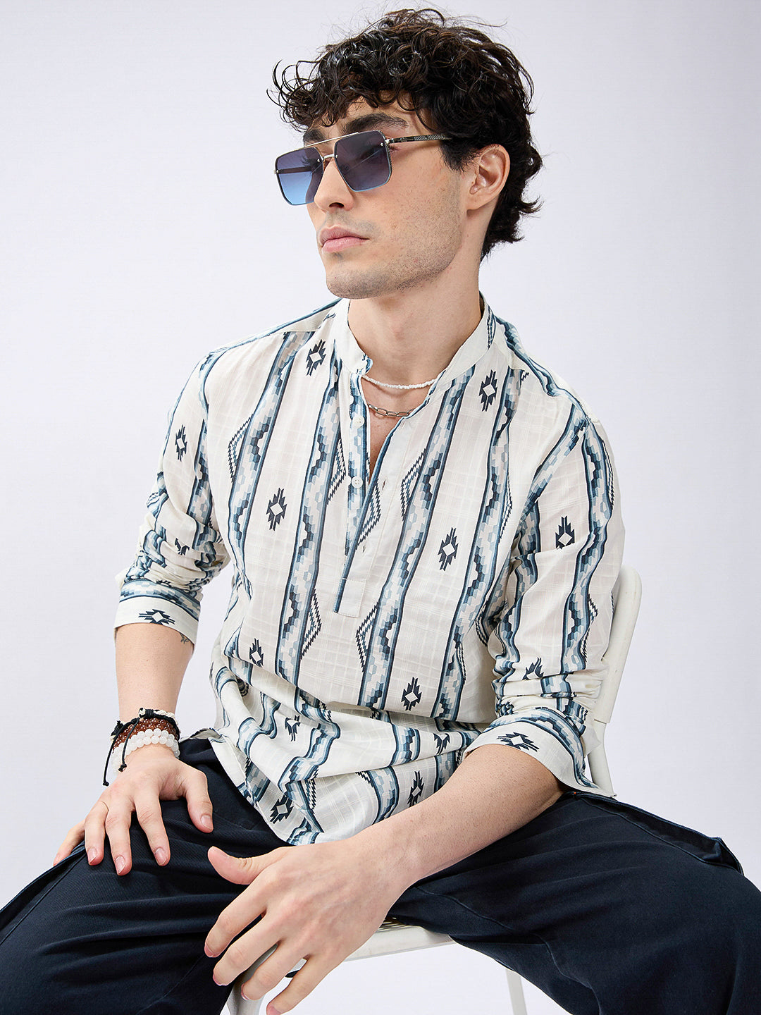 Icy Blue Chevron Flow Printed Kurta
