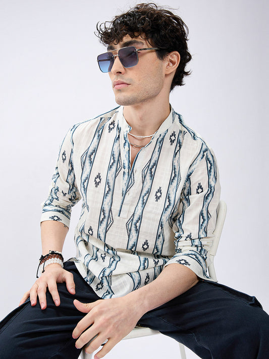 Icy Blue Chevron Flow Printed Kurta