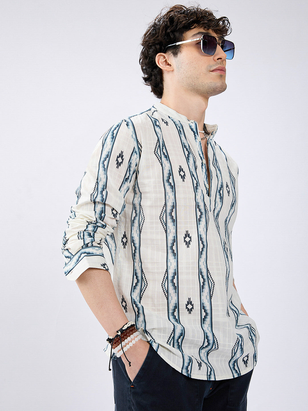 Icy Blue Chevron Flow Printed Kurta