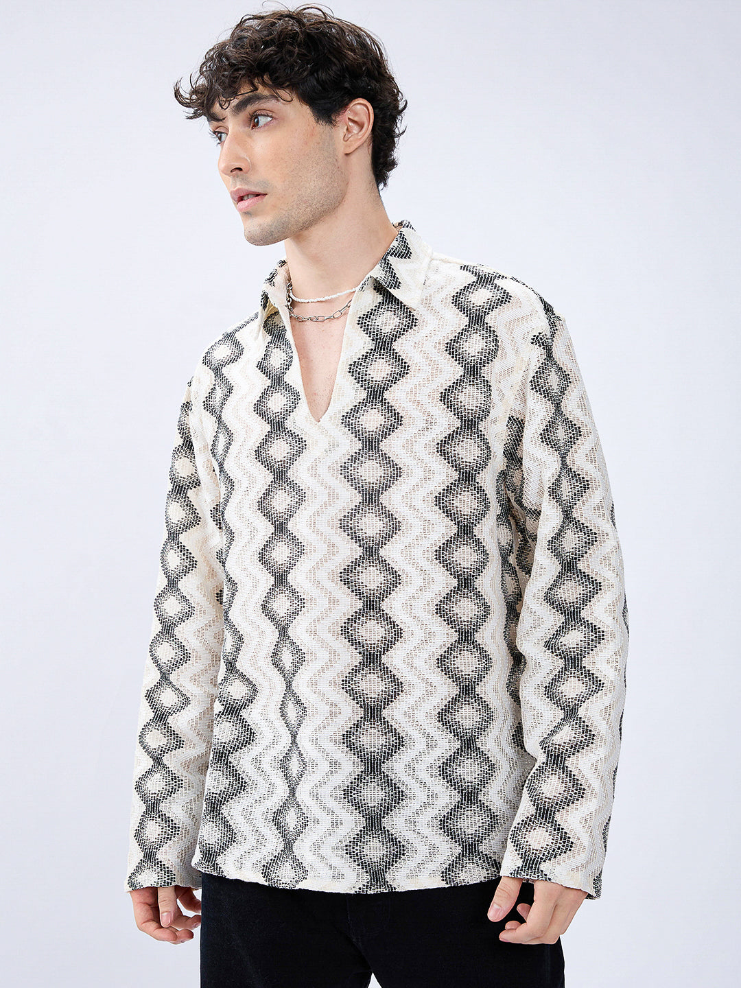 Diamond Wave Luxe Crochet Oversized Polo Shirt