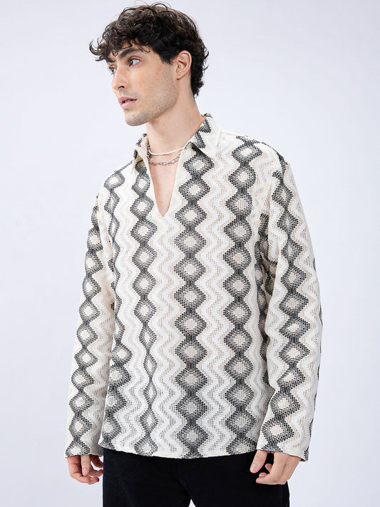 Diamond Wave Luxe Crochet Oversized Polo Shirt