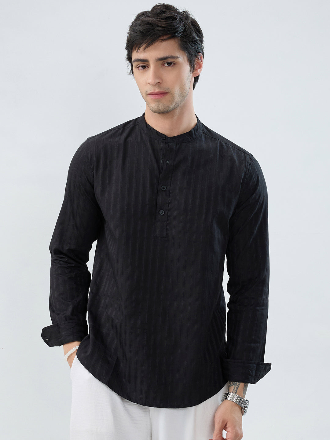 Jet Black Glossy Striped Kurta