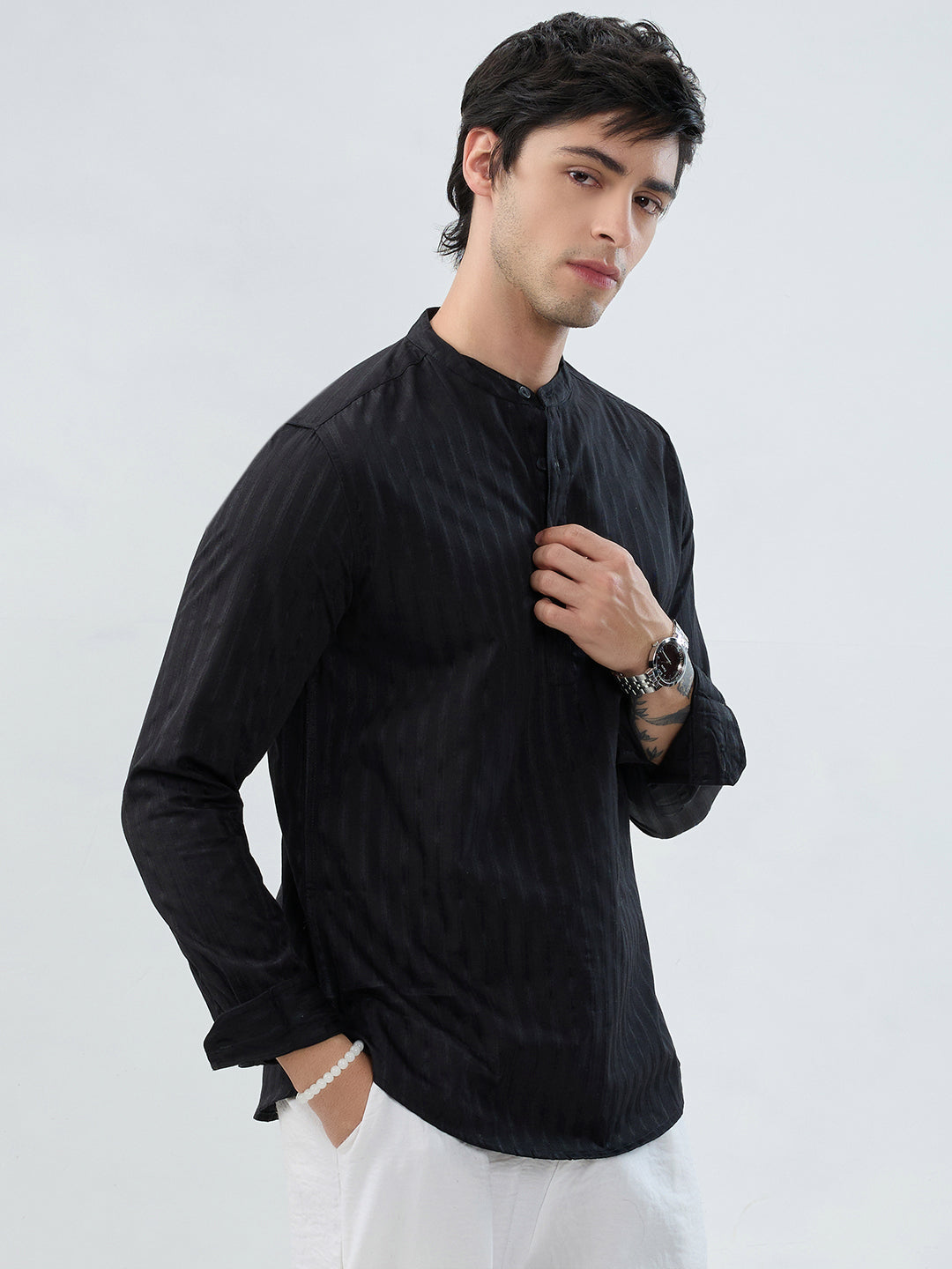 Jet Black Glossy Striped Kurta