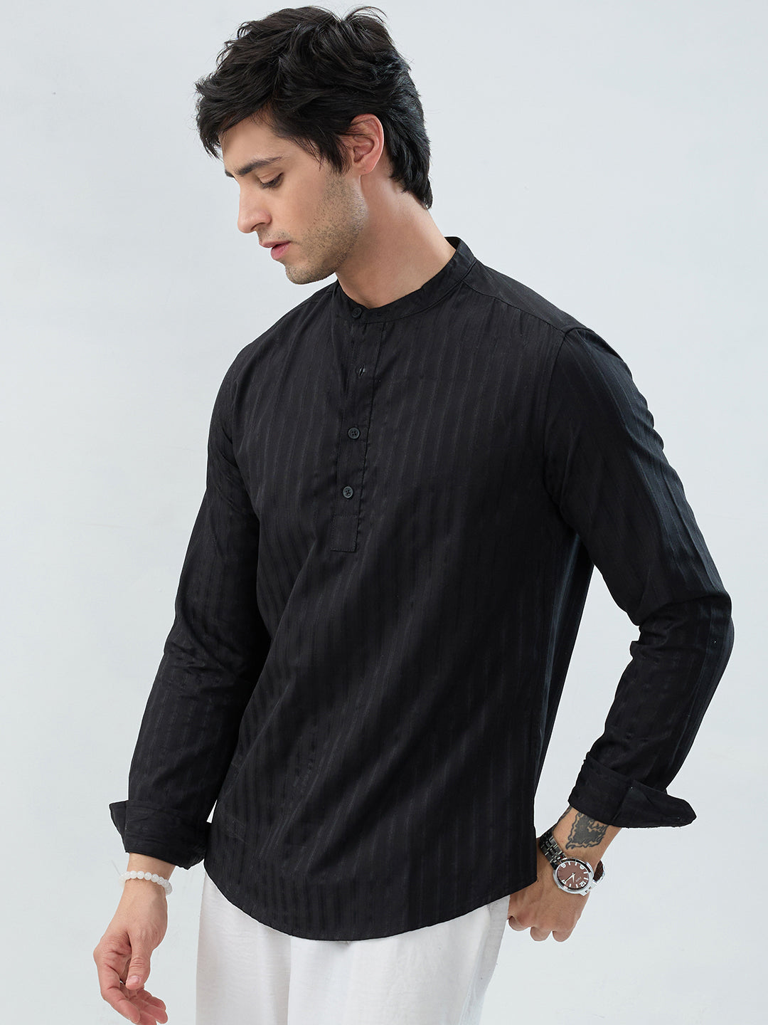 Jet Black Glossy Striped Kurta