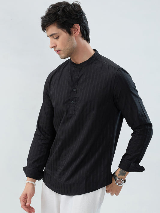 Jet Black Glossy Striped Kurta
