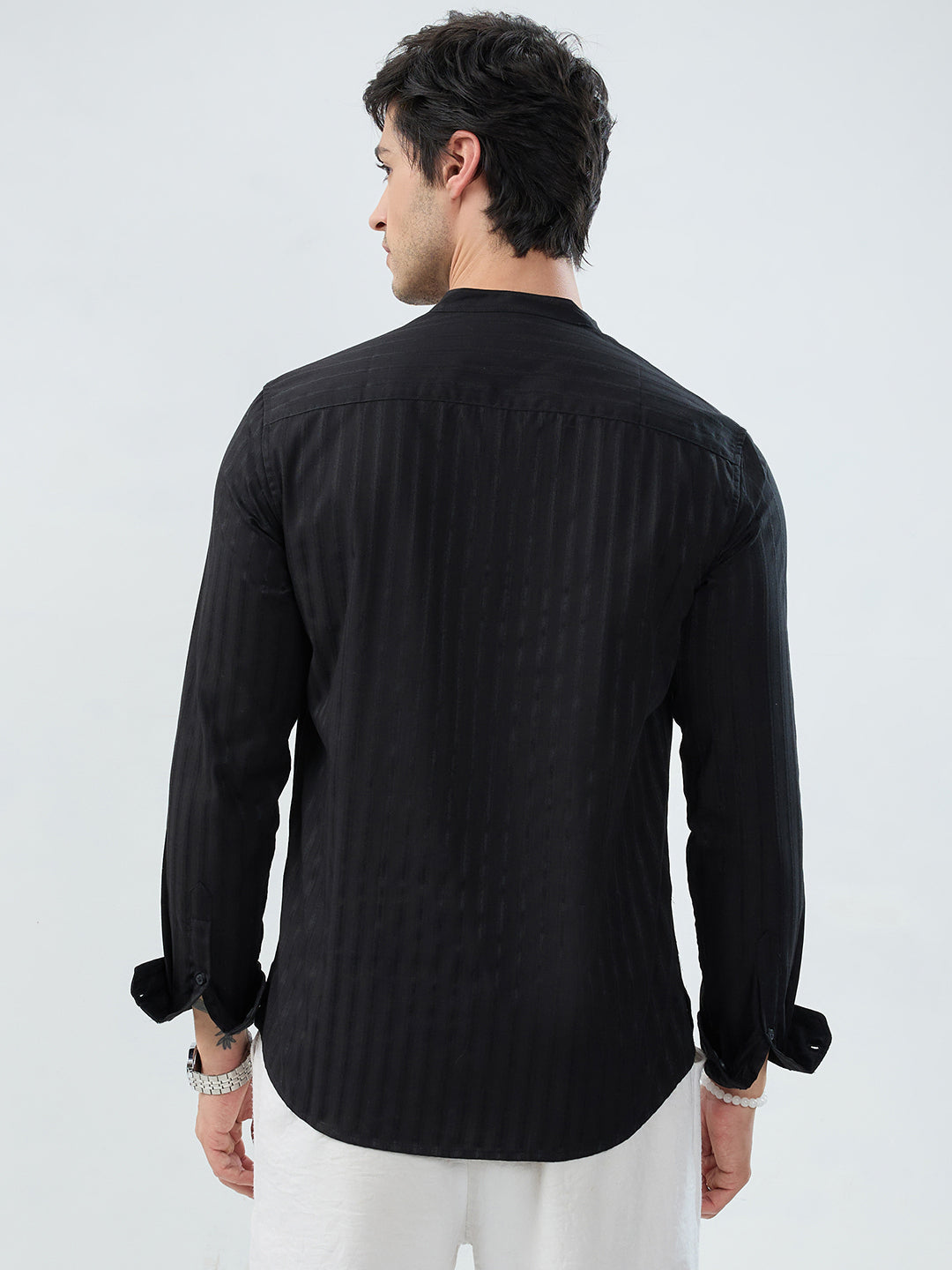 Jet Black Glossy Striped Kurta