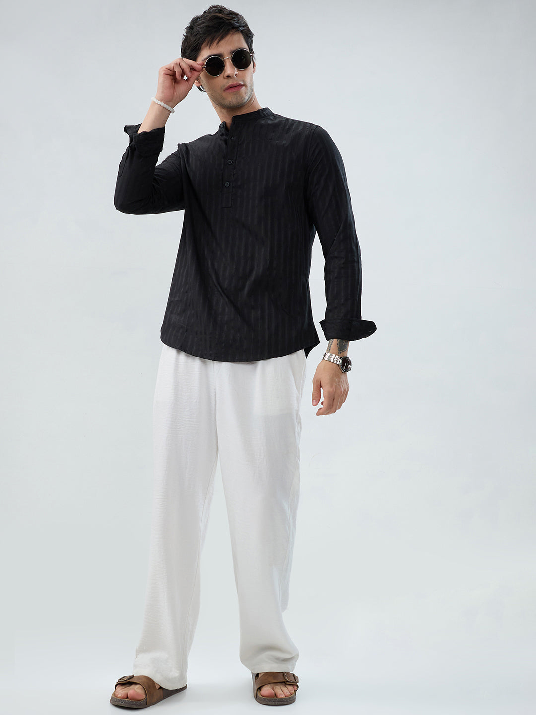 Jet Black Glossy Striped Kurta