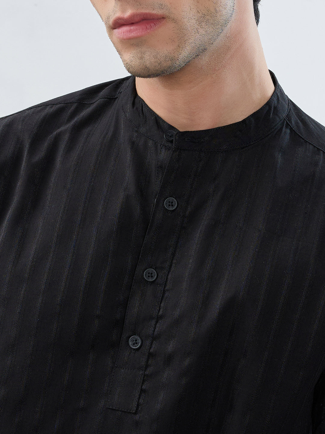 Jet Black Glossy Striped Kurta