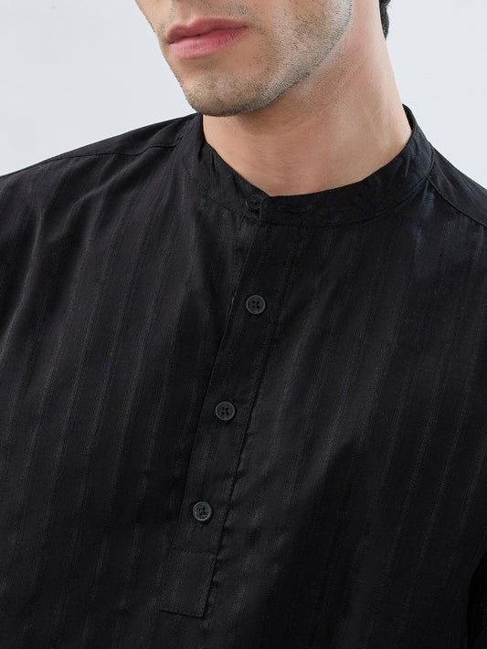 Jet Black Glossy Striped Kurta