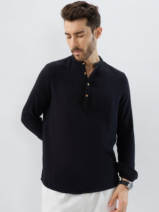 Deep Black Double Cloth Kurta