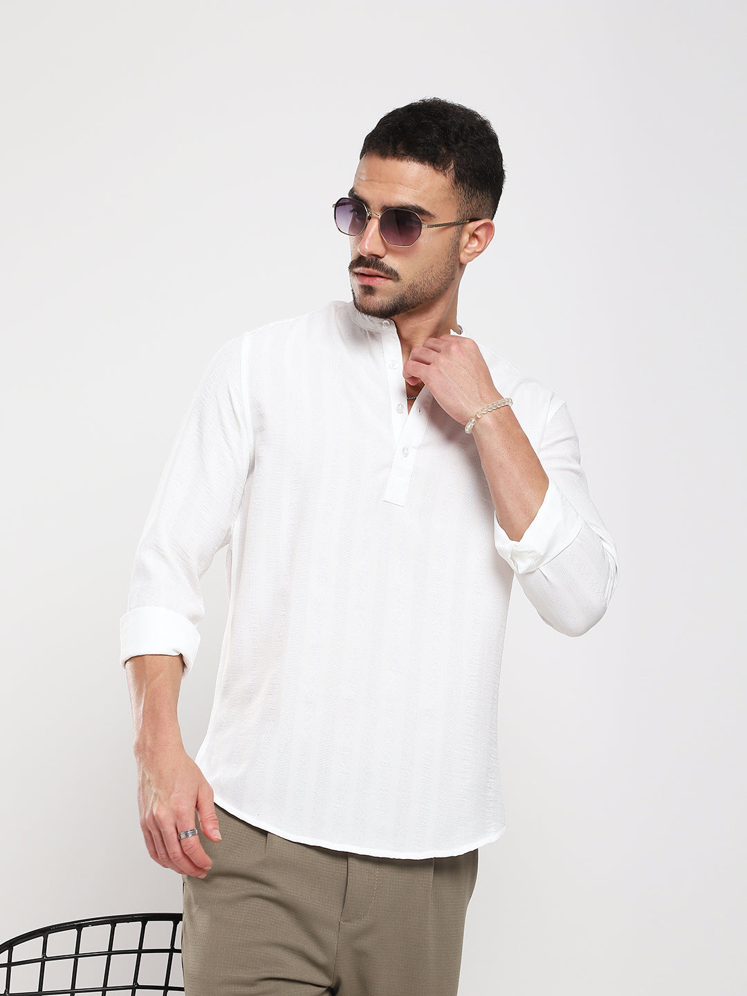 White Minimalist Jacquard Striped Kurta
