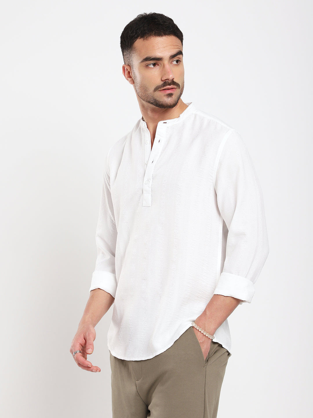 White Minimalist Jacquard Striped Kurta