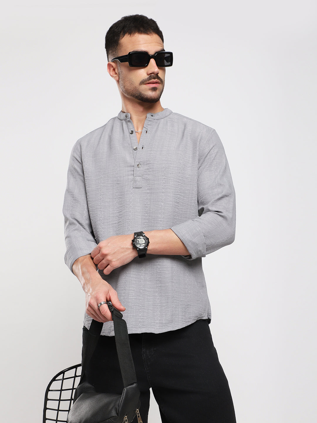 Monsoon Grey Refined Jacquard Striped Kurta