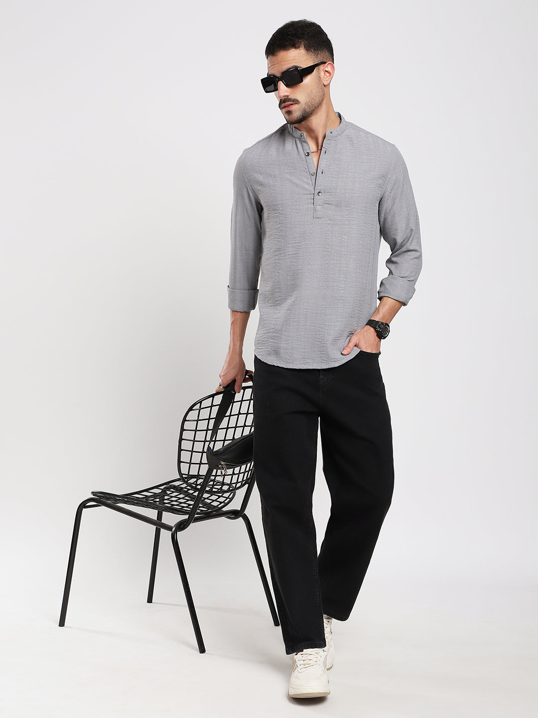 Monsoon Grey Refined Jacquard Striped Kurta