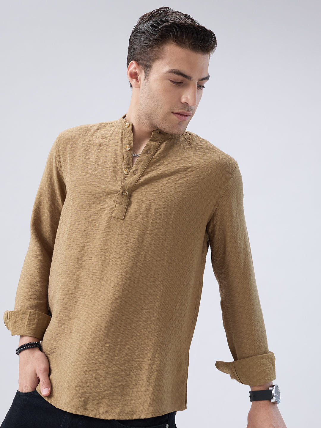 Rustic Brown Block Weave Jacquard Kurta
