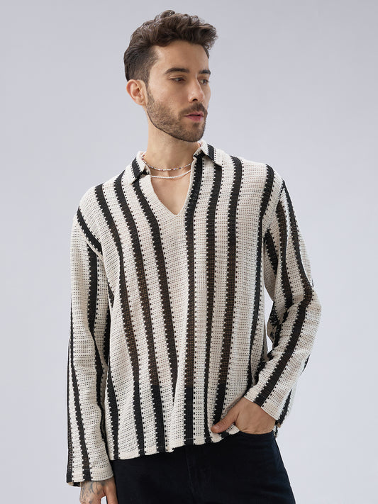 Vintage Mood Monochrome Crochet Striped Oversized Polo Shirt