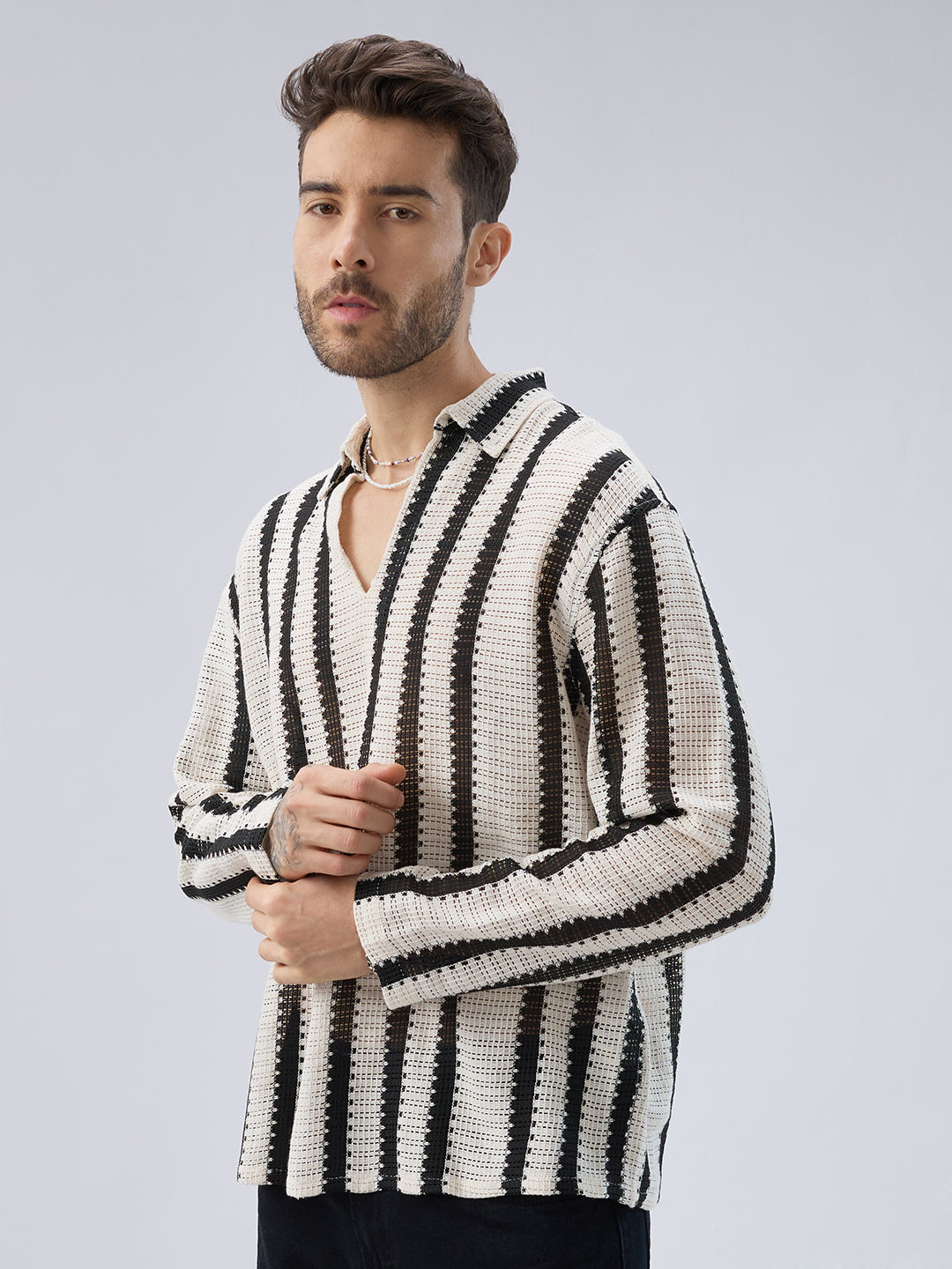 Vintage Mood Monochrome Crochet Striped Oversized Polo Shirt