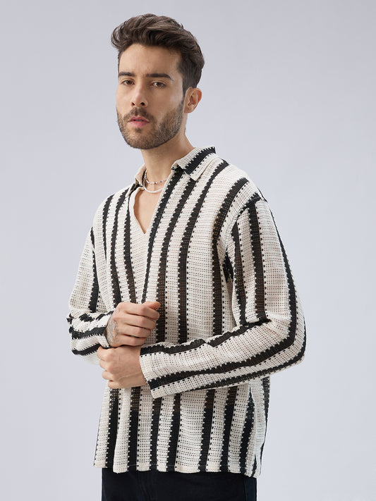 Vintage Mood Monochrome Crochet Striped Oversized Polo Shirt
