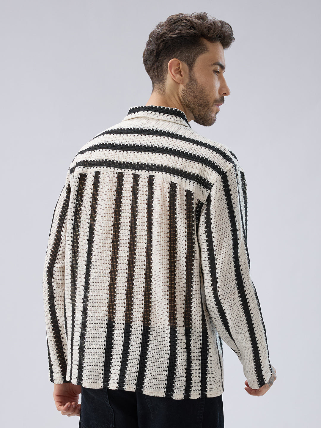 Vintage Mood Monochrome Crochet Striped Oversized Polo Shirt