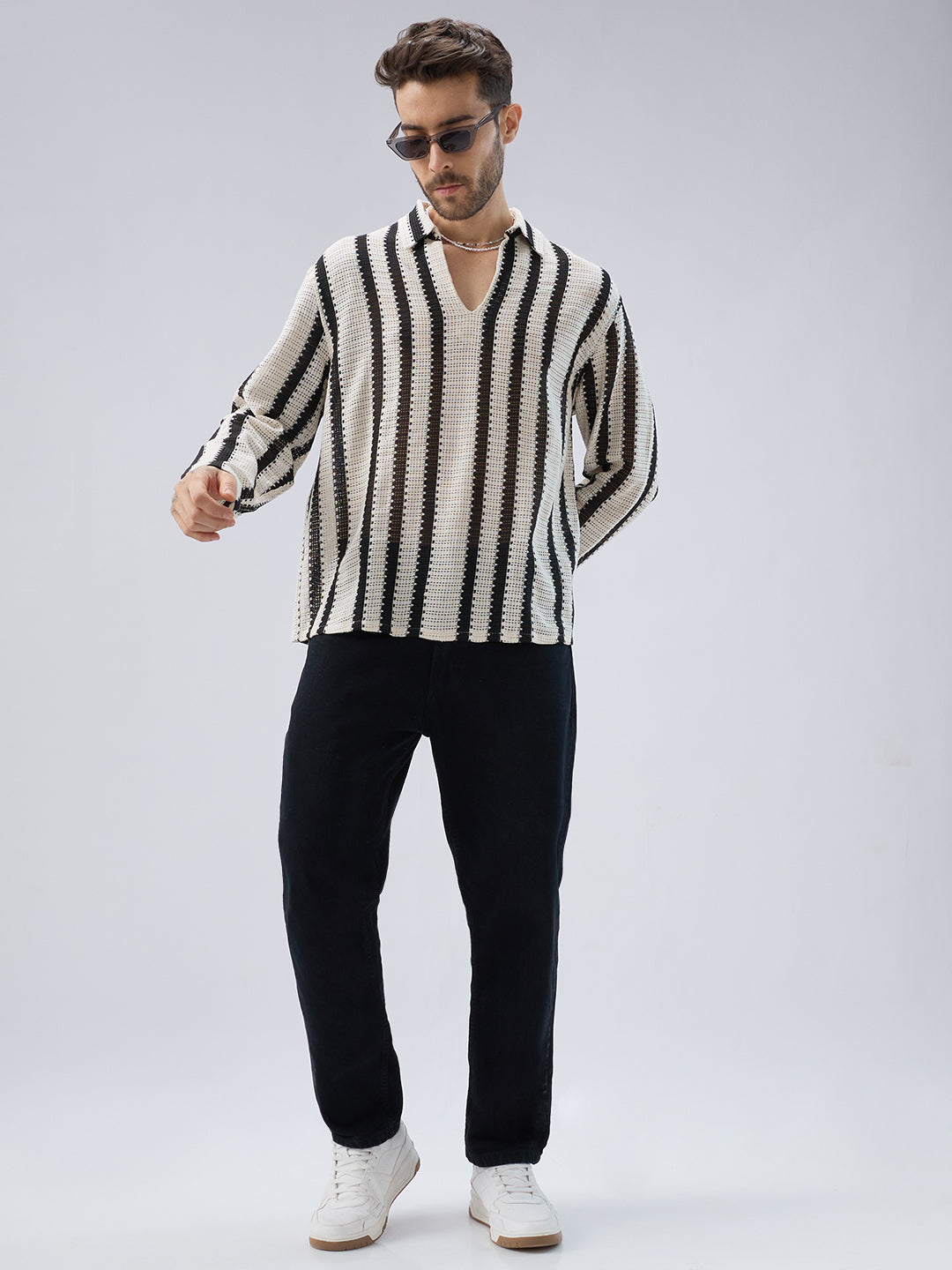 Vintage Mood Monochrome Crochet Striped Oversized Polo Shirt