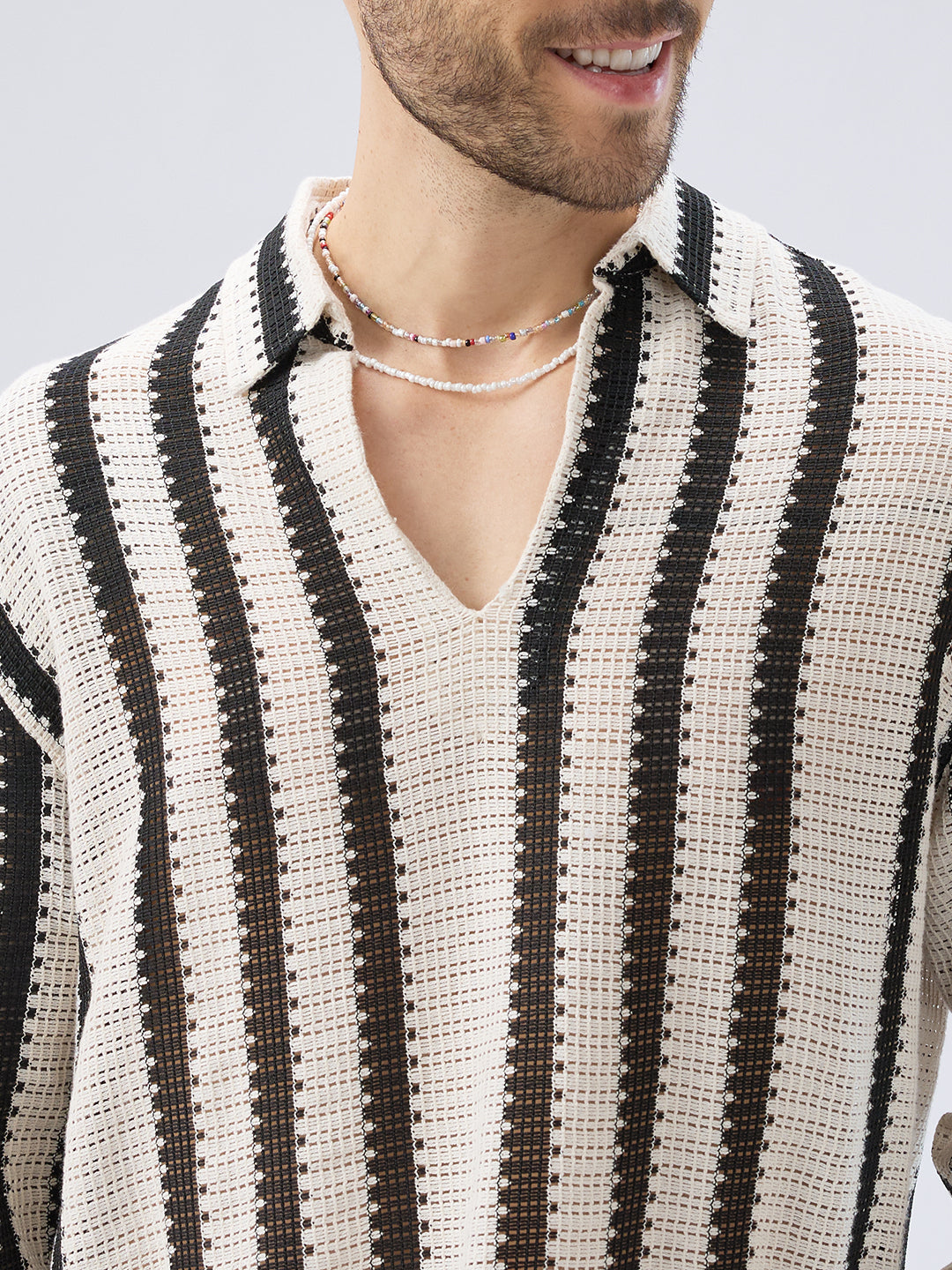 Vintage Mood Monochrome Crochet Striped Oversized Polo Shirt