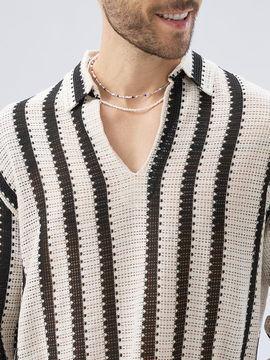 Vintage Mood Monochrome Crochet Striped Oversized Polo Shirt