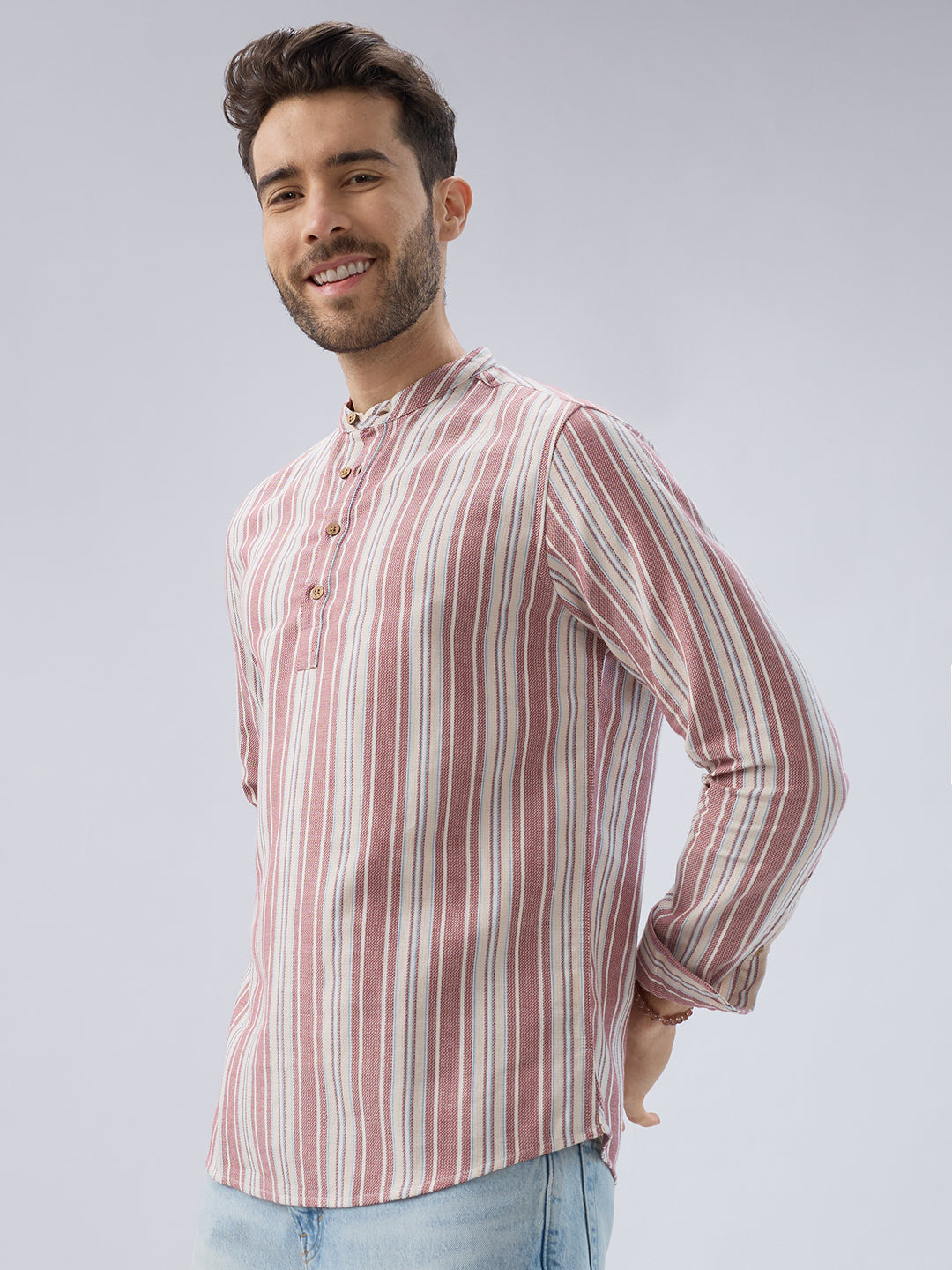 Refined Berry Red Retro Striped Kurta