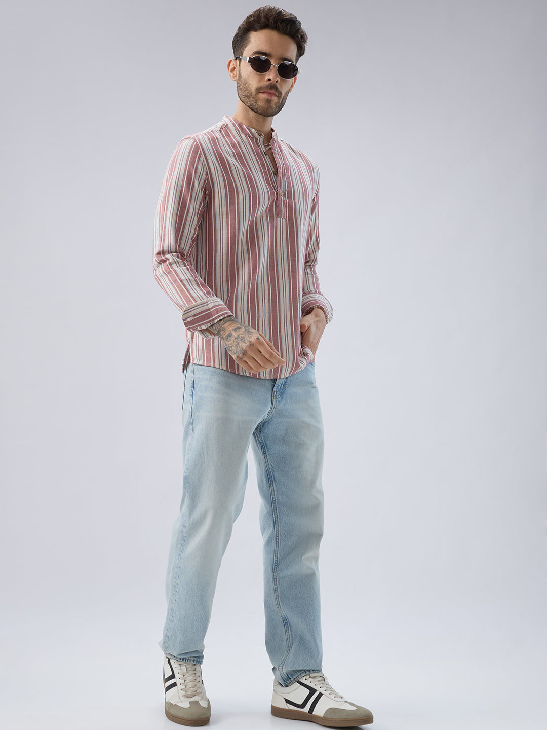 Refined Berry Red Retro Striped Kurta