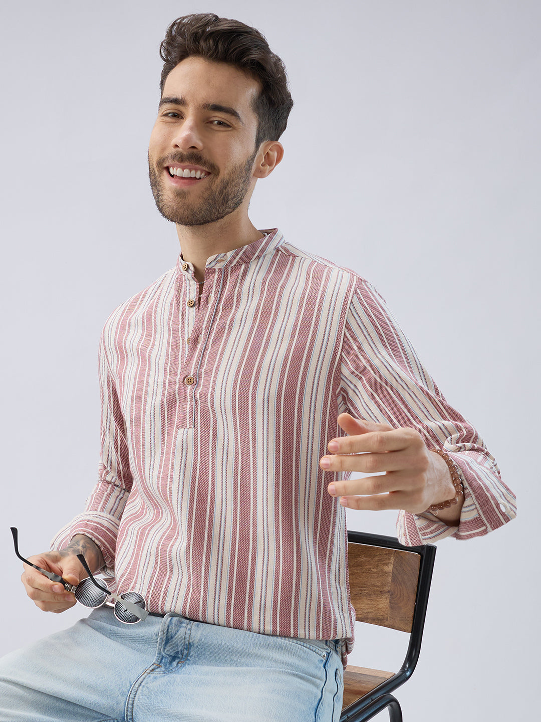 Refined Berry Red Retro Striped Kurta