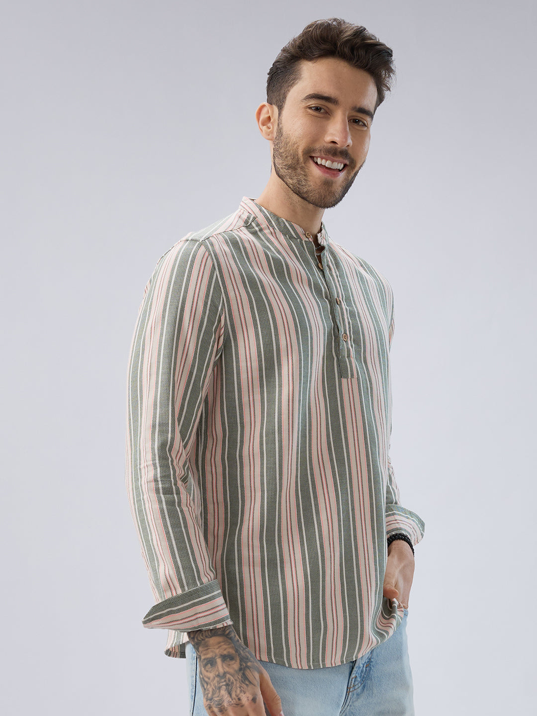 Refined Olive Retro Striped Kurta