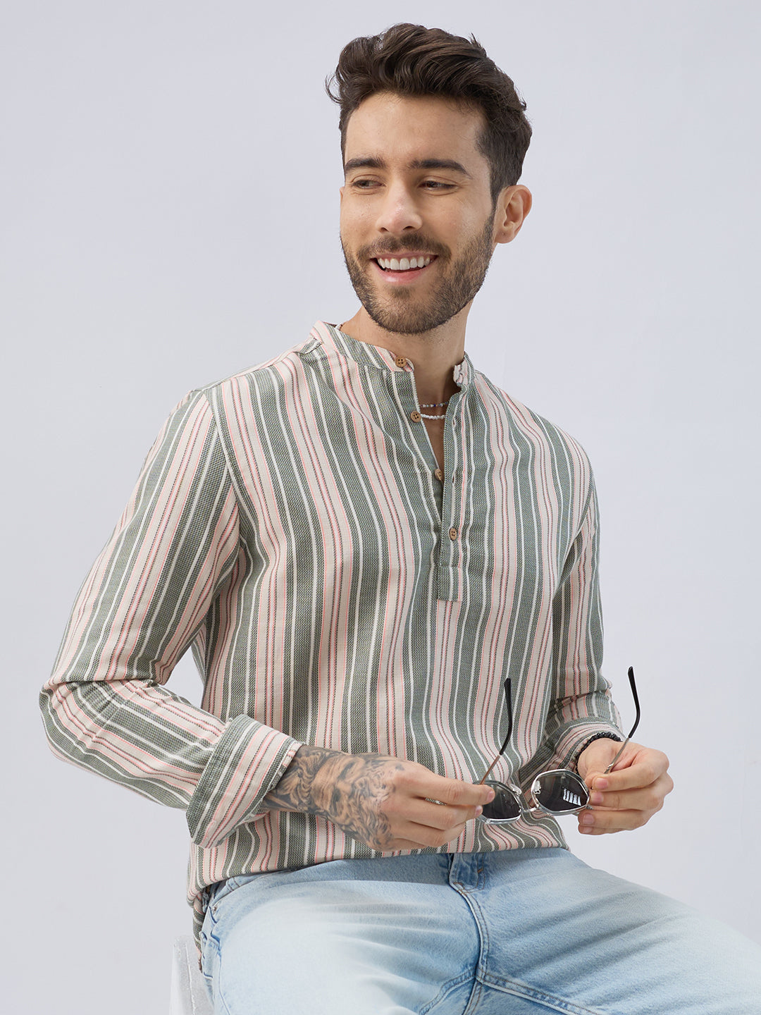 Refined Olive Retro Striped Kurta