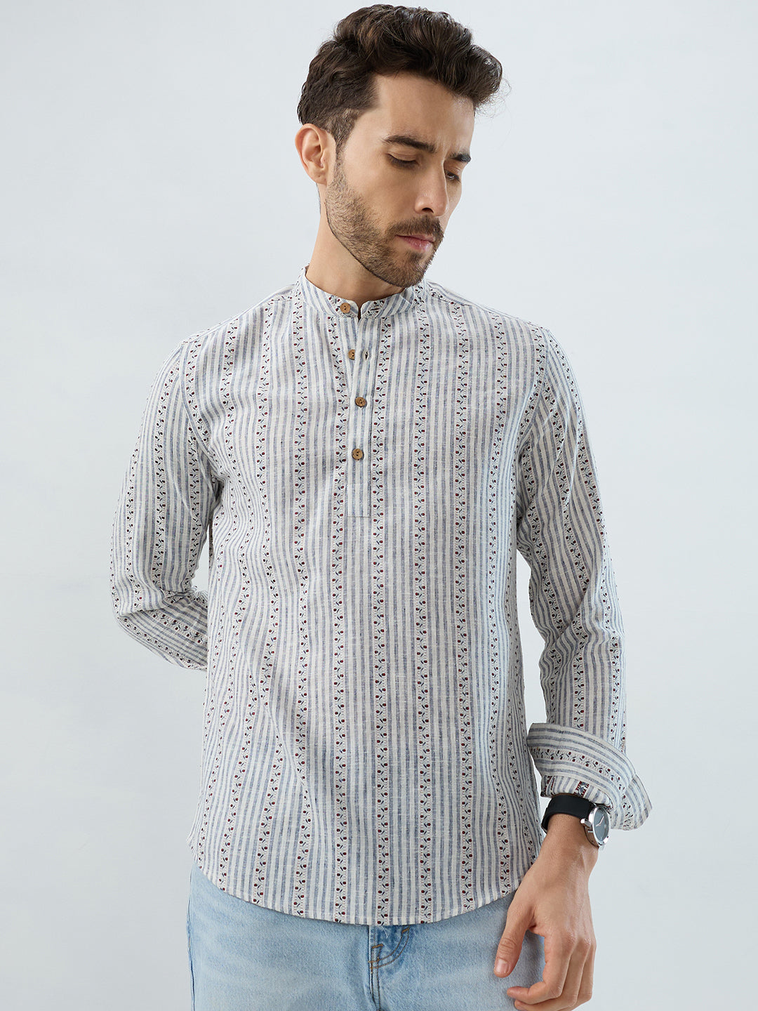 Coastal Mist Linen Blend Striped Kurta