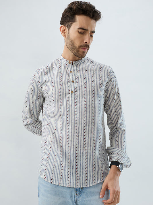 Coastal Mist Linen Blend Striped Kurta