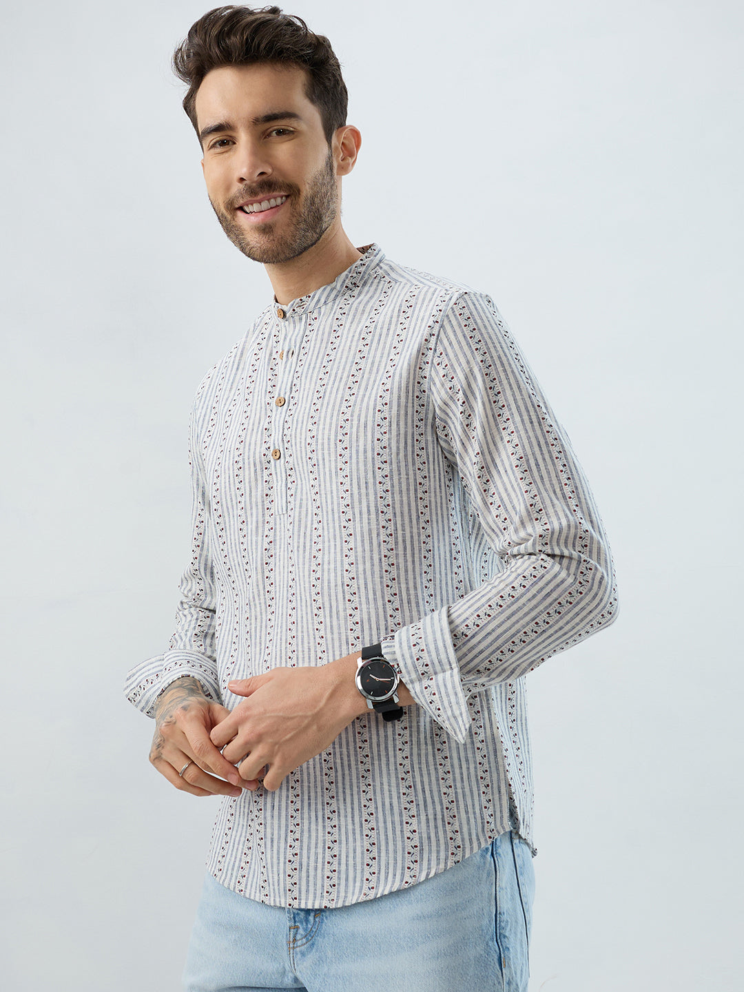 Coastal Mist Linen Blend Striped Kurta