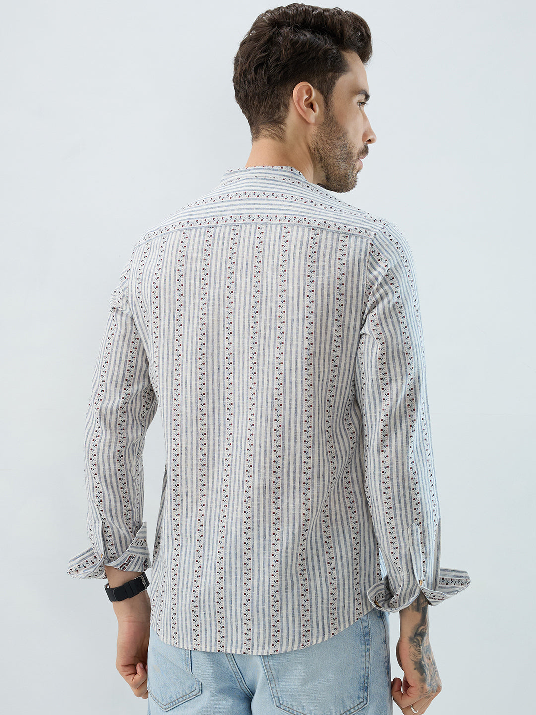 Coastal Mist Linen Blend Striped Kurta