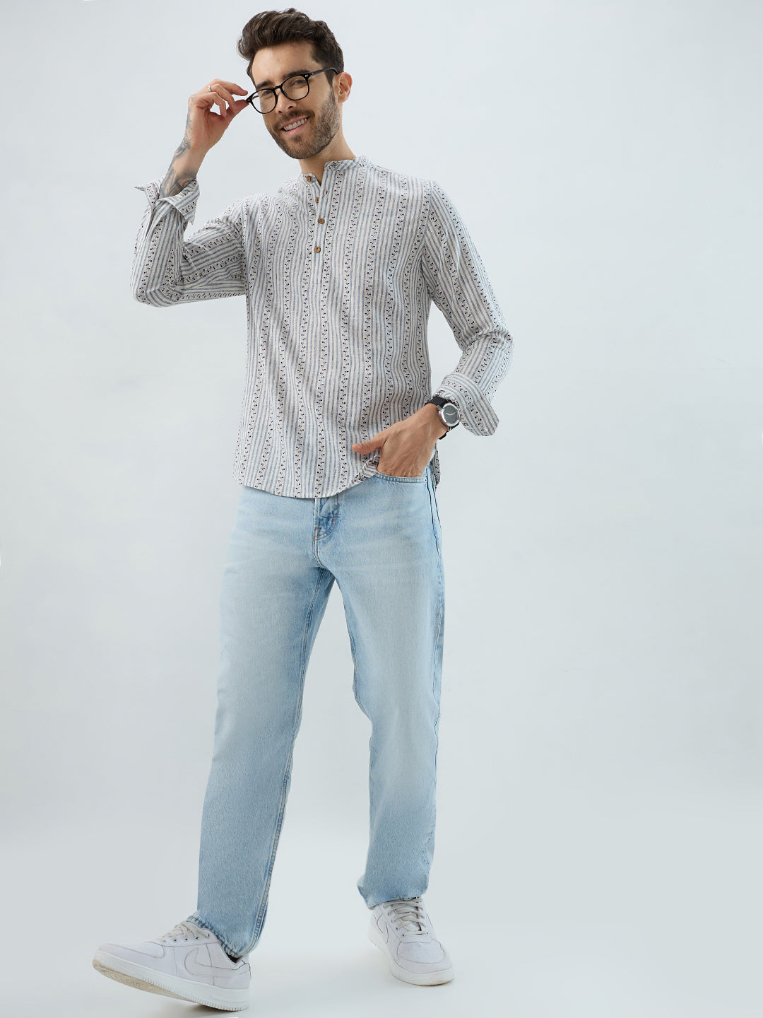 Coastal Mist Linen Blend Striped Kurta