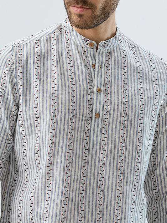 Coastal Mist Linen Blend Striped Kurta